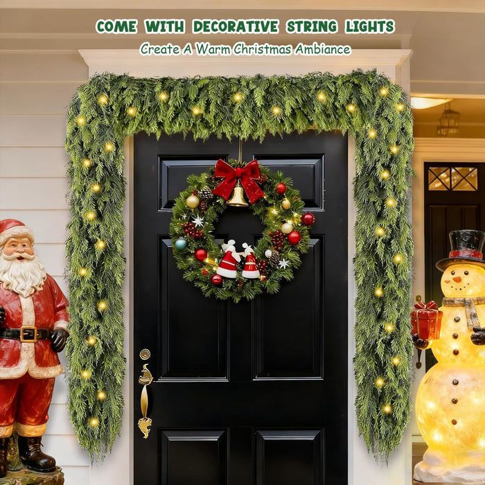 9FT Cedar Garland with Lights, Prelit Christmas Garland Artificial Realistic, Real Touch Pine Christmas Garland for Mantle Stairs Outdoor Decoration, Battery Operated Faux Greenery Garlands Thick Lush