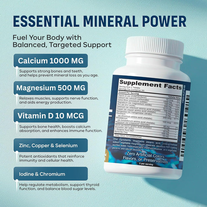 Mega Mineral – Complete Complex with Vitamin D, Calcium, Magnesium, Zinc, Potassium, Boron, Selenium, Chromium & 72 Trace Minerals – Iron-Free – USA Made – 60 Tablets