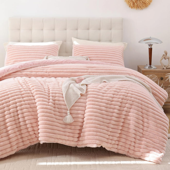 Smoofy Fluffy Queen Comforter Set 3 Pieces - Cream White Fleece Fluffy Comforter Set, Luxury Fuzzy Queen Bedding Set, Soft Warm Bed Set All Season, Heavy Faux Fur Comforter with 2 Pillow Cases