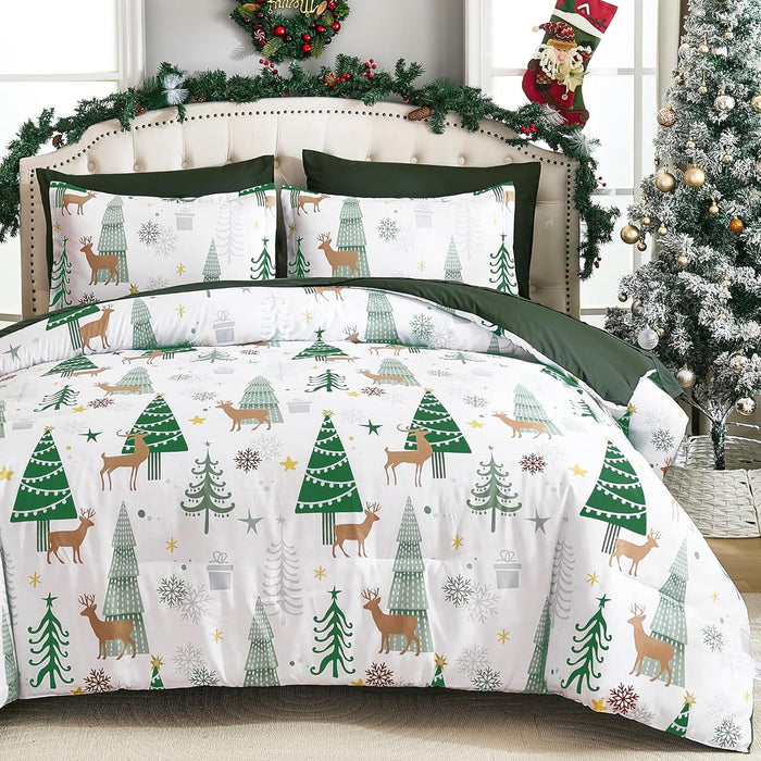 Christmas Queen Comforter Set 7 Pieces, Red Christmas Deer Pattern Bed in a Bag, Soft Reversible Bedding Set Xmas Holiday Decor 90"x90"