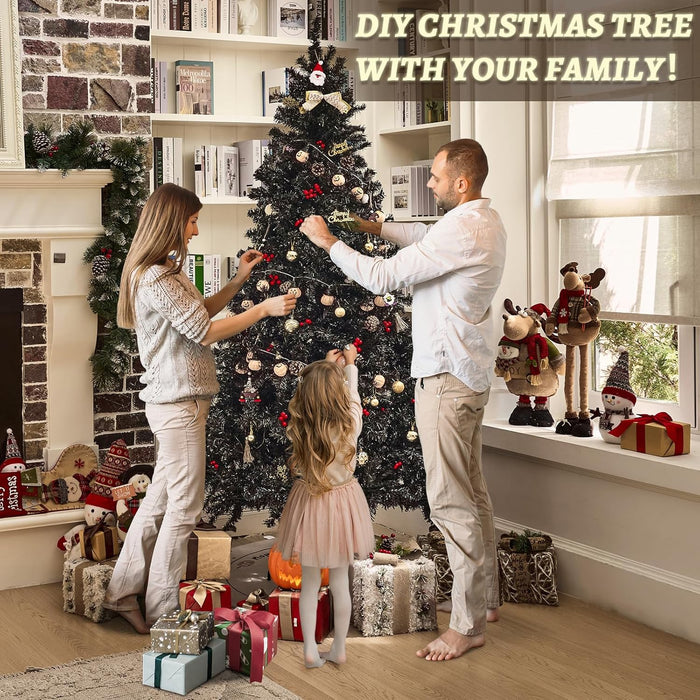 7.5FT Black Artificial Christmas Tree Prelit with 1600 PVC Branch Tips, Auto Hinges & 600 Lights & 9 Modes, Seasonal Holiday Party Decorations with Sturdy Metal Stand