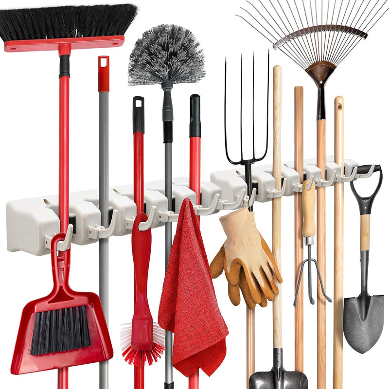 Home-it Mop and Broom Holder Wall Mount Garden Tool Storage Tool Rack Storage & Organization for the Home Plastic Hanger for Closet Garage Organizer (5-position)