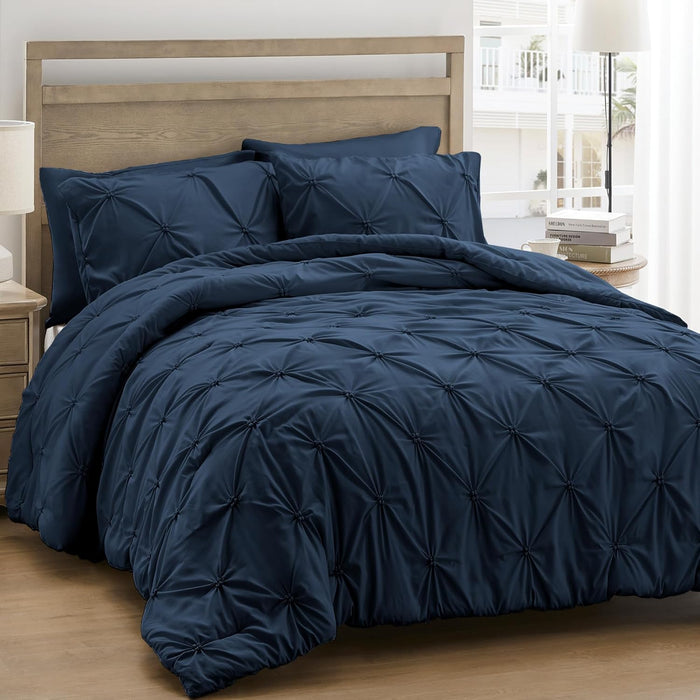 UNIKOME Queen Comforter Set White - Ultra Soft Boho Pintuck Down Alternative Bedding Set for Winter, All Seasons, 3 Pieces Warm Pinch Pleat Solid Bed Set with Comforter, 2 Pillowcases