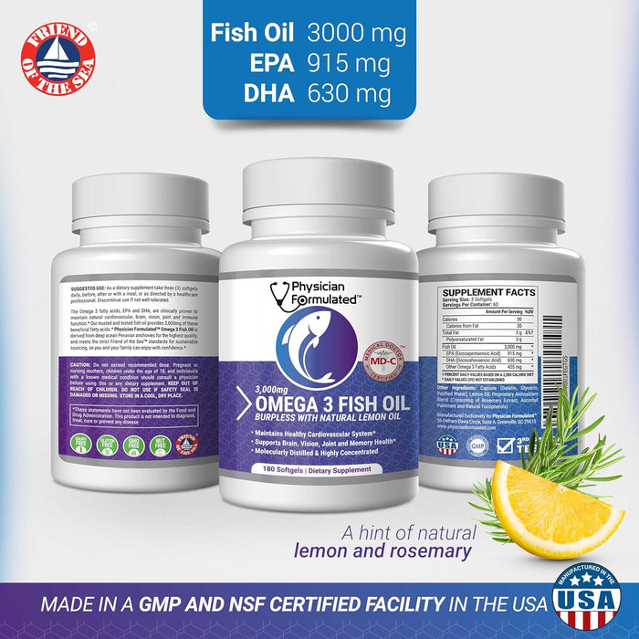 Fish Oil Omega 3 3000mg per Serving - 915mg Epa, 630mg Dha, 2000mg Total Omega 3 6 9 XL - 180 Capsules