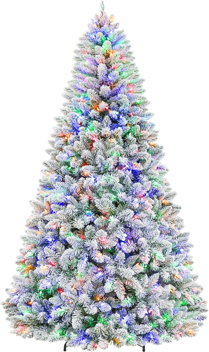Hykolity 6 ft Prelit Snow Flocked Christmas Tree, 250 Color-Changing LED Lights, 1032 Hinged Branch Tips, 10 Colors, Full Snowy Appearance, Easy Assembly, Metal Stand