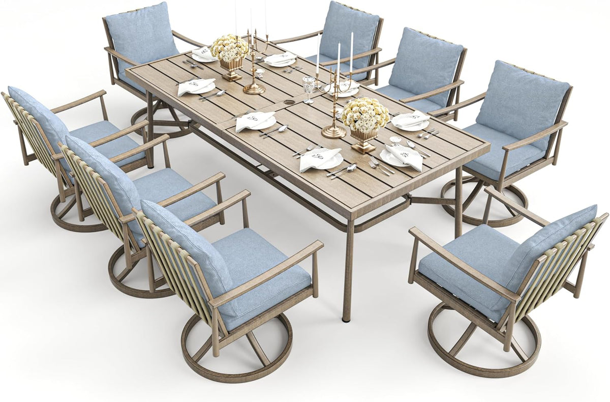 HAPPATIO 7-Piece Outdoor Dining Set for 6, Aluminum Patio Dining Set Includes 6 Swivel Dining Chairs and 1 Large Rectangular Table with Umbrella Hole, Patio Furniture Set for Lawn, Porch, Grey