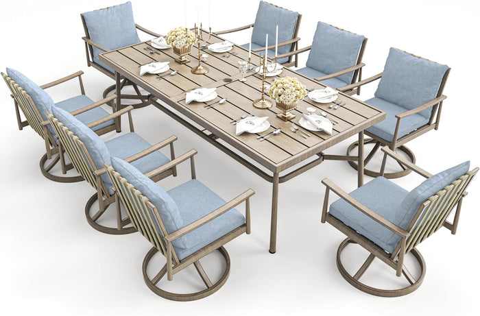 HAPPATIO 7-Piece Outdoor Dining Set for 6, Aluminum Patio Dining Set Includes 6 Swivel Dining Chairs and 1 Large Rectangular Table with Umbrella Hole, Patio Furniture Set for Lawn, Porch, Grey