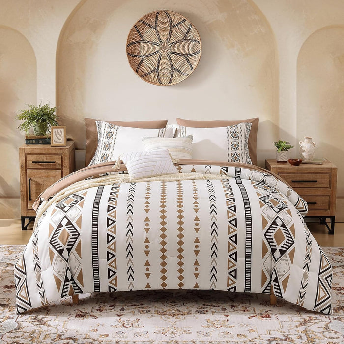 CASAAGUSTO Queen Size Comforter Sets, 7 PCS Olive Green Boho Comforter Queen Size, Bohemian Striped Queen Bed in A Bag Set, Soft Bedding Set for All Seasons(90"X90")