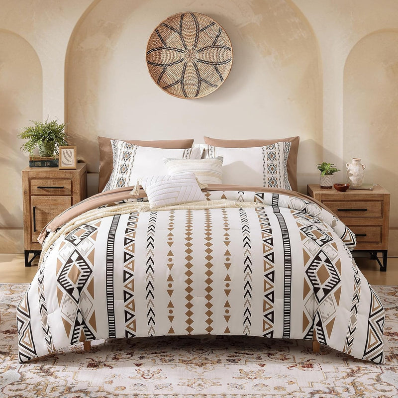CASAAGUSTO Queen Size Comforter Sets, 7 PCS Olive Green Boho Comforter Queen Size, Bohemian Striped Queen Bed in A Bag Set, Soft Bedding Set for All Seasons(90"X90")