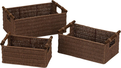 Household Essentials Decorative Woven Baskets Set of 3, Paper Rope with Wood Handles and Metal Frame, Small, Medium and Large, Brown