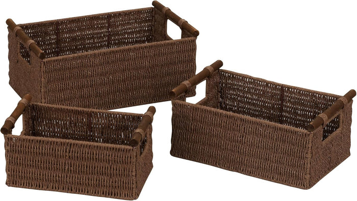 Household Essentials Decorative Woven Baskets Set of 3, Paper Rope with Wood Handles and Metal Frame, Small, Medium and Large, Brown