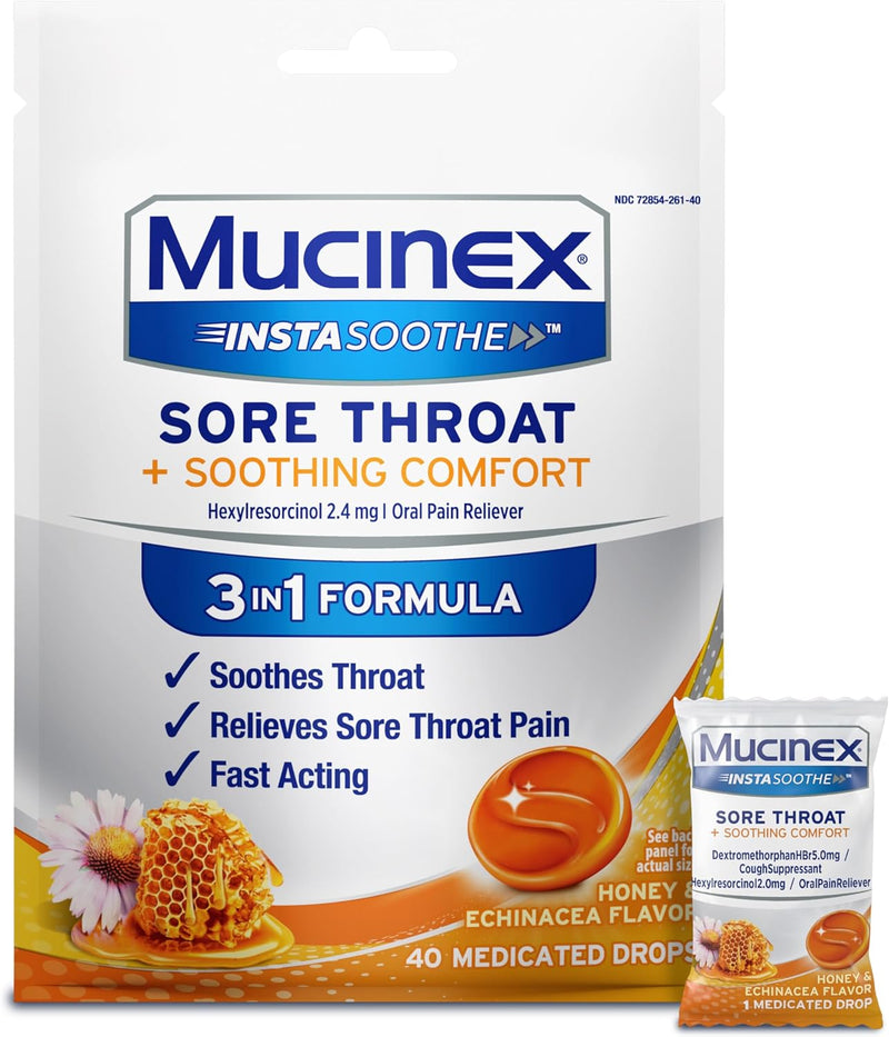 Mucinex Instasoothe Sore Throat Relief, Sore Throat Lozenges, Sore Throat Medicine with Hexylresorcinol, Cough Drops Alternative, 40 Elderberry & Wild Cherry Medicated Numbing Throat Drops