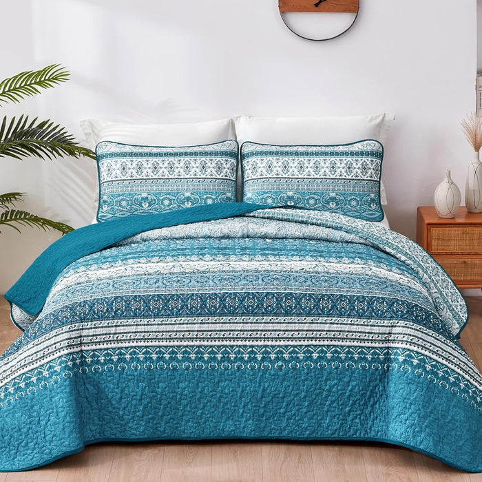 WONGS BEDDING Boho Fall Queen Quilt Set, Blue and Orange Bohemian Queen Quilt Bedding Set, Lightweight Microfiber Bed Decor Bedspread for All Season 96"x90"(3 Pieces)