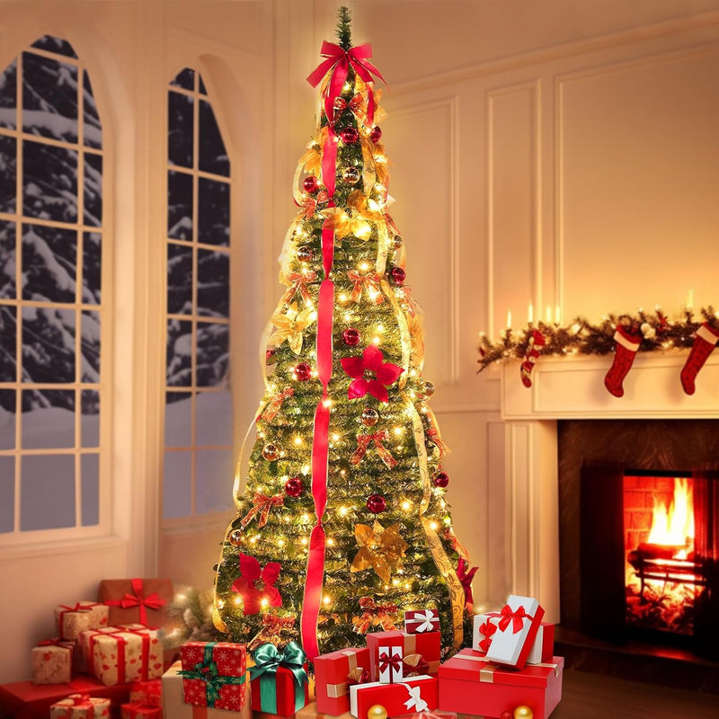6.5 Ft Prelit Full Pop up Christmas Tree with Timer 8 Mode 200 Warm Lights, Ornaments, Red&Gold Ribbon, Flowers, Bows,UL Plug Powered, Fire-Resistant Collapsible Outdoor Indoor Holiday Party Decor