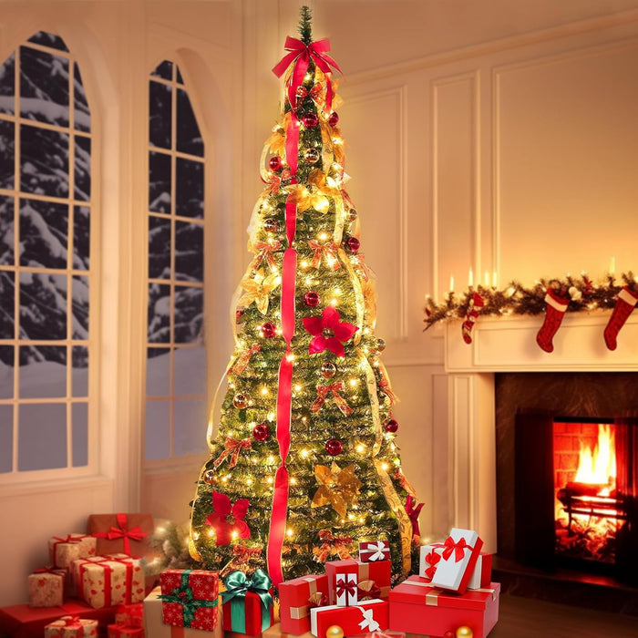 6.5 Ft Prelit Full Pop up Christmas Tree with Timer 8 Mode 200 Warm Lights, Ornaments, Red&Gold Ribbon, Flowers, Bows,UL Plug Powered, Fire-Resistant Collapsible Outdoor Indoor Holiday Party Decor