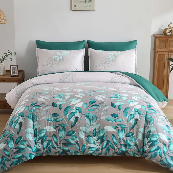 Blue Floral Comforter Set Queen Size 7 Piece Navy Botanical Gradient Leaves Ultra Soft Microfiber Down Alternative Bedding Set Lightweight Reversible Boho Bed Comforter Set for All Season 90" x 90"