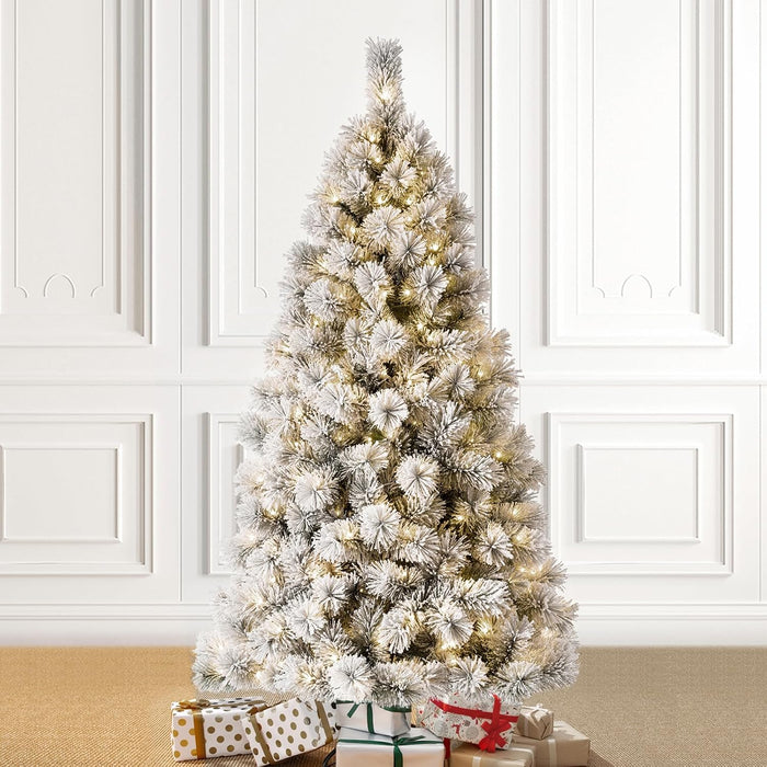 Glitzhome 7.5ft Pre-Lit Flocked Artificial Christmas Tree, Portland Snowy Pine Pencil Christmas Tree with 300 LED Lights, 9 Functional Warm White/Multi-Color, Remote Controller