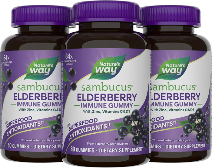 Nature’s Way Sambucus Elderberry Immune Support Gummies for Kids & Adults* with Black Elderberry Extract, Vitamin C, Vitamin D3, and Zinc, 60 Gummies (Packaging May Vary)