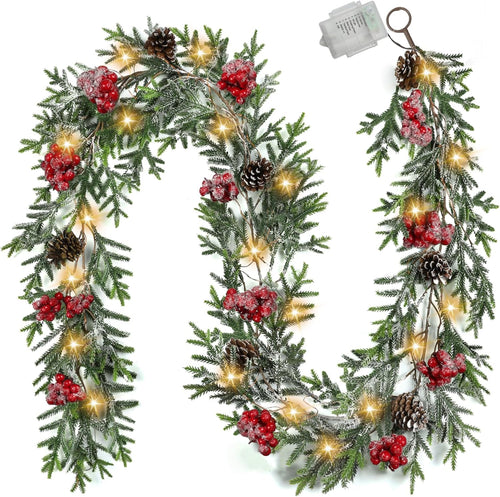 6FT Christmas Garland with Lights, Christmas Decorations Indoor Outdoor Pre-lit Artificial Pine Garland with Battery Operated Timer, Home Holiday Decor Flocked Garland for Mantel Window Stairs Wall