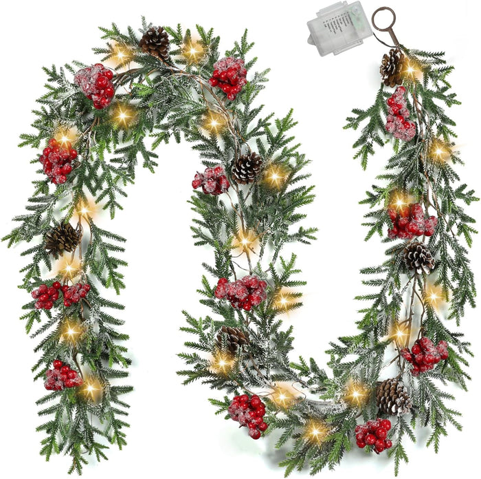 6FT Christmas Garland with Lights, Christmas Decorations Indoor Outdoor Pre-lit Artificial Pine Garland with Battery Operated Timer, Home Holiday Decor Flocked Garland for Mantel Window Stairs Wall