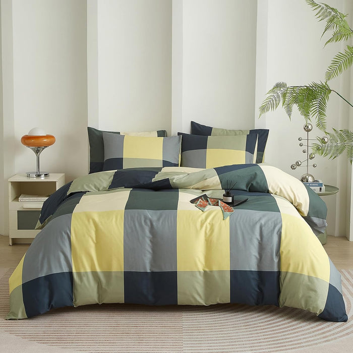 mixinni Full Comforter Set Men Boys Geometric Checkered Plaid Printed Bedding Comforter for All Season Soft Lightweight Bedding Set-Full Size