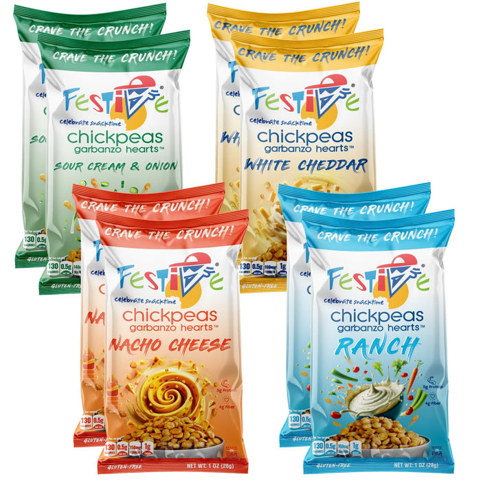 Snack Festive Sampler Pack Roasted Chickpea Snacks, 8 Bags 1 oz Crunchy Protein Garbanzo Beans, Healthy Nut Free Vegan Non-GMO Soy-Free Balanced Macro