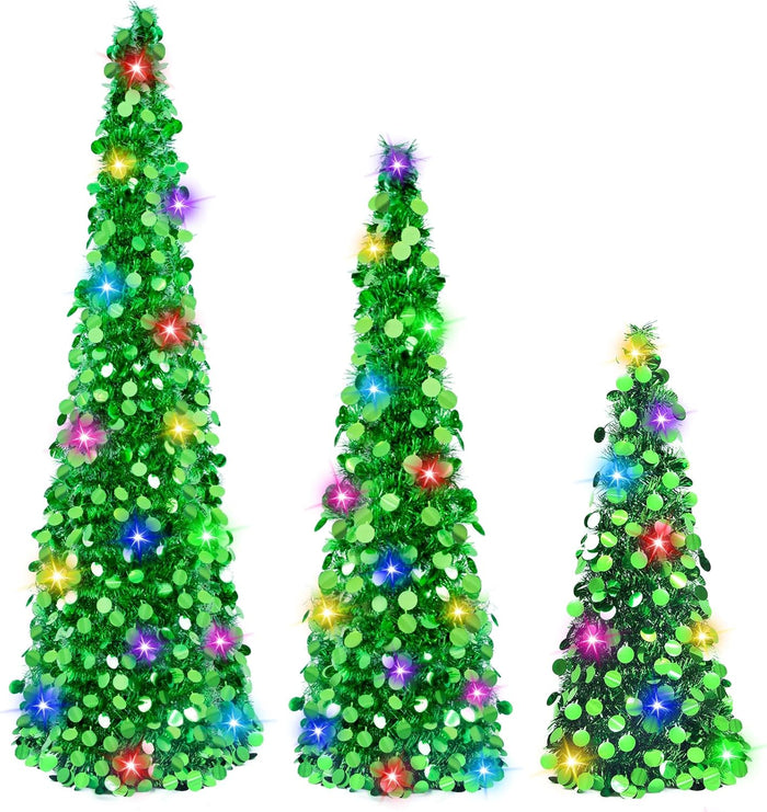 MACTING Christmas Pop up Tree with 50 LED Lights Timer 5FT Silver Collapsible Tinsel Pencil Tree Easy-Assembly Coastal Glitter Artificial Tree for Porch Apartment Corner Home Party Xmas Decorations