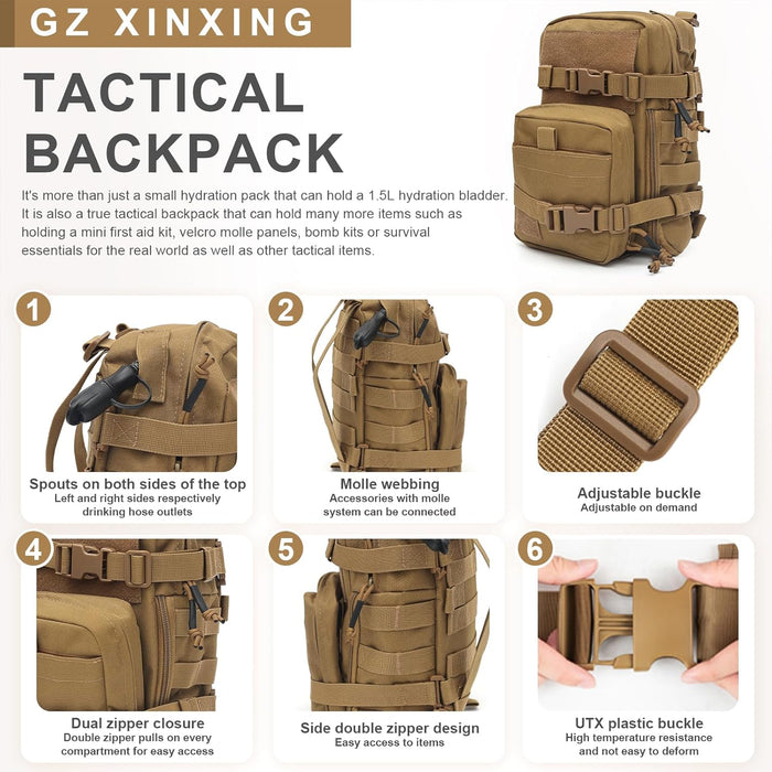 GZ XINXING Tactical Hydration Backpack, Outdoor Water Backpack Carrier Pack for Vest Backpack, Holds 1.5L Water Bladder, Mini MOLLE Tactical Backpack for Hiking, Biking, Running, Climbing