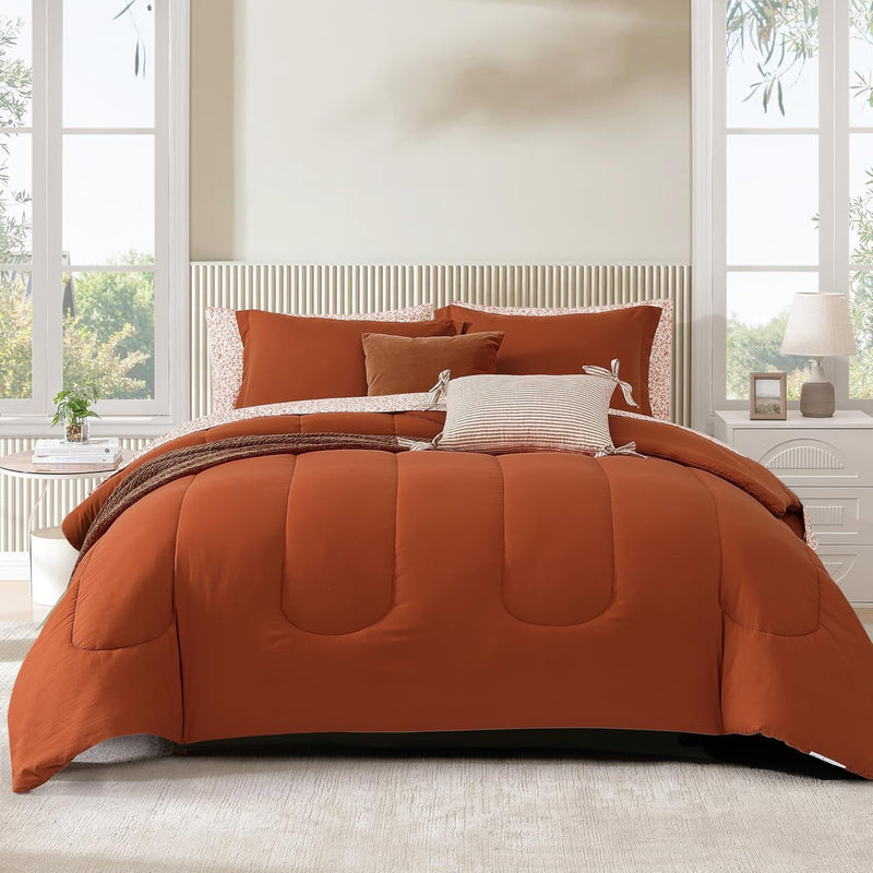 Monbix Queen Comforter Set - 7 Pieces Beige Bed in a Bag Queen Bedding Sets with Comforters, All Seasons Comforter Bed Set with Sheets,Pillowcases & Shams