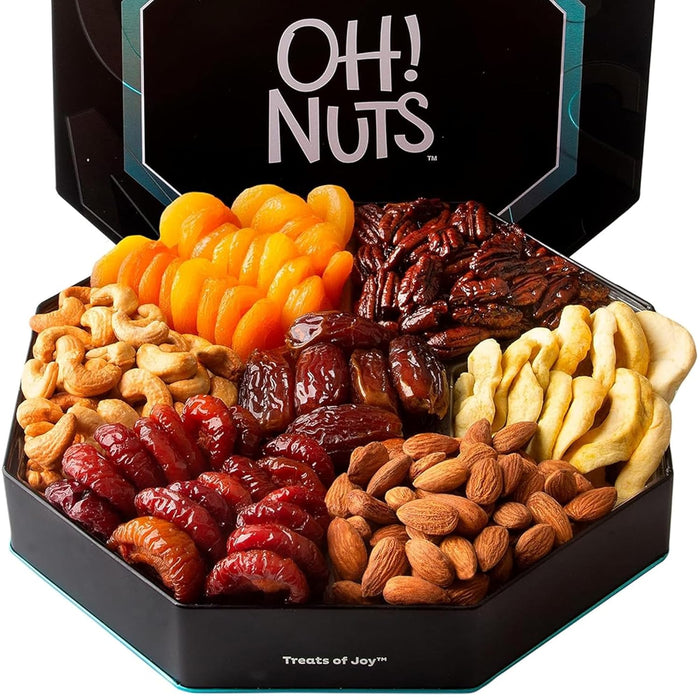 Oh! Nuts 7 Section Dried Fruits and Nuts Gift Basket - Gourmet Assorted Fruit & Nut Gifts Baskets - Healthy Food Hexagon Metal Tin Box - Festive Gifts for Holiday, Birthday, Corporate Women & Men