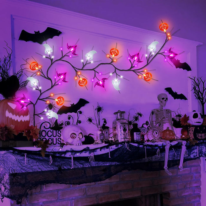 [Timer] 6 FT Willow Vine Twig Halloween Decorations Garland with Pumpkin Bat Ghost Lights, 8 Modes Waterproof Battery Operated Halloween Lights Indoor Home Wall Window Mantle Party Decor