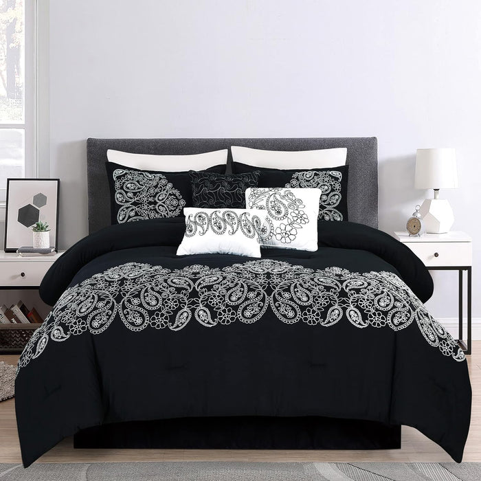 Chezmoi Collection Serene 7-Piece Luxury Autumn Floral Embroidery Comforter Set, Queen, Orange/Brown/Taupe