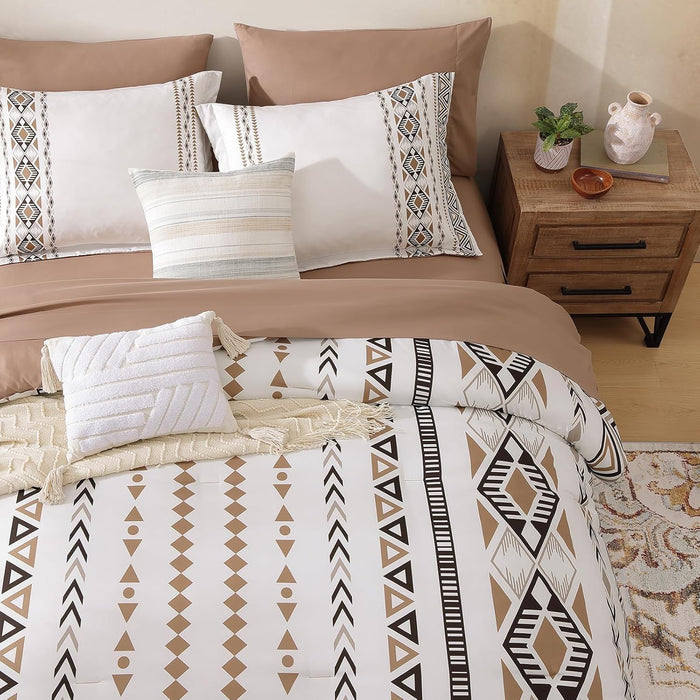 CASAAGUSTO King Size Comforter Set, 7 PCS Boho Comforter King Size, Bohemian Striped Bed in A Bag King, Soft Bedding Set for All Seasons(Brown,102"X90")