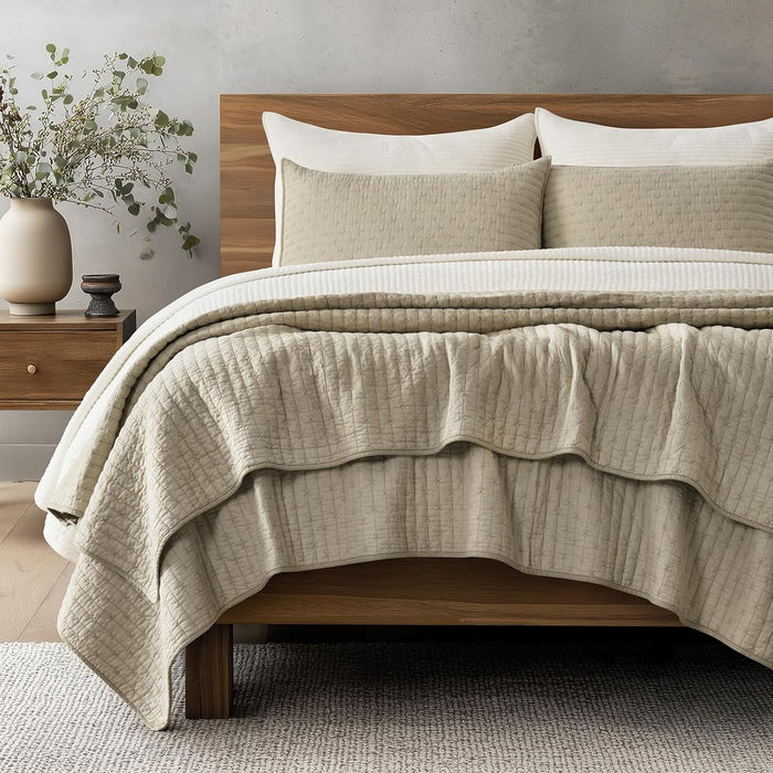 EVERGRACE x Kinsey Walsh Cross Stitch Pre-Washed Cotton Quilt Bedding Set King Size, Oversized 3 Pieces Lightweight Bedspread Coverlet for All Season, with 2 Matching Shams, Dusty Blue, 108"x96"
