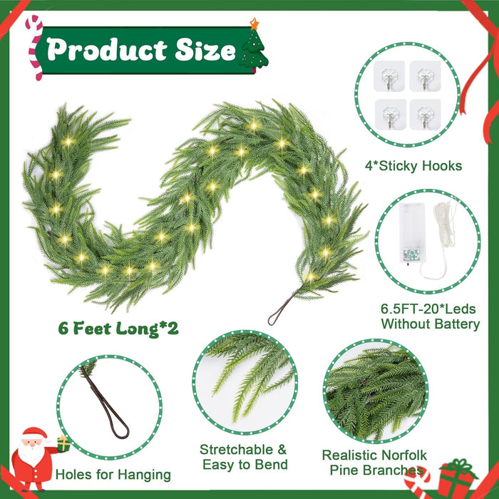 RICHMYC Christmas Garlands Norfolk Pine Garland 6FT 2PCS Artificial Faux Greenery Cedar Garlands Real Touch for Holiday Mantle Home Thanksgiving Fireplace Table Indoor Outdoor Porch Decor