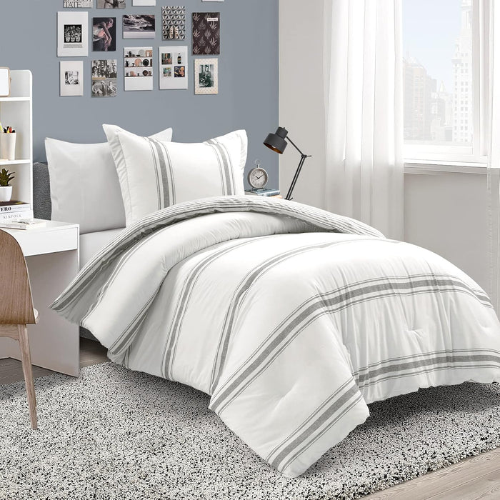 Lush Decor Farmhouse Stripe Reversible Cotton Comforter Set - 3 Piece Cozy Pinstripe Bedding Set - Classic Modern Rustic Charm Bedroom Decor - King, Dark Gray