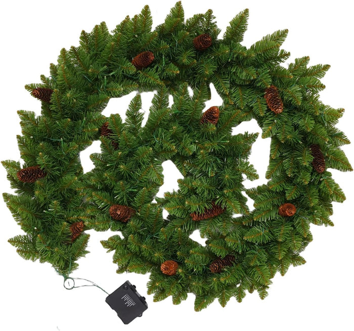 Pre-lit 9ft Christmas Garland with Lights, Garlands for Decoration Christmas with 243 Branches and 50 LED Warm Lights,for Mantle,Outdoor,Stairs Railing,Wall,Table,Indoor（Battery Operated）
