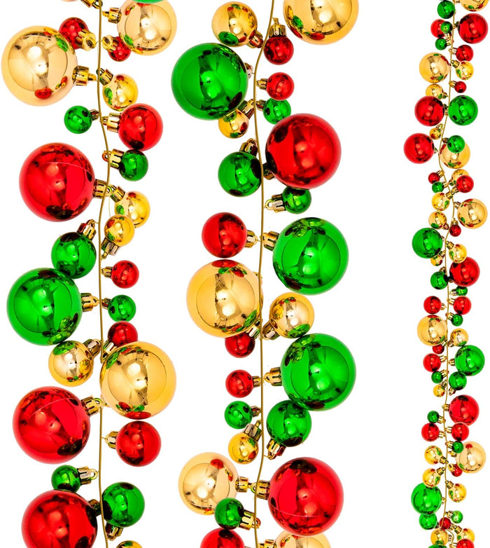 Whaline Christmas Ball Garland Ball Ornament 6ft Bauble Garland Christmas Tree Ball Decoration Shatterproof Ball Ornaments for Xmas Party Supplies, Indoor Outdoor Home Office, Red Green Gold