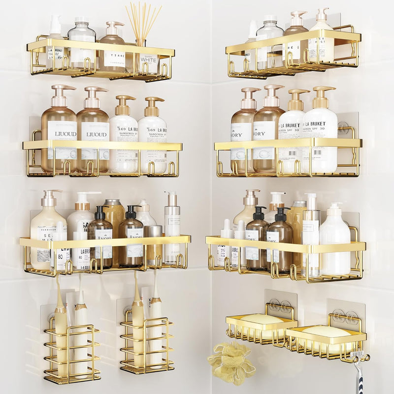 10 Pack Shower Caddy Organizer Rack Shelf for Inside Shower, Self Adhesive Wall Storage Basket Rustproof Stainless Steel Shampoo Holder Bathroom Accessory Decor Set, White