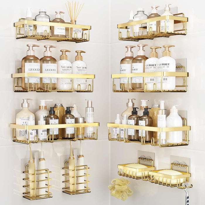 10 Pack Shower Caddy Organizer Rack Shelf for Inside Shower, Self Adhesive Wall Storage Basket Rustproof Stainless Steel Shampoo Holder Bathroom Accessory Decor Set, White