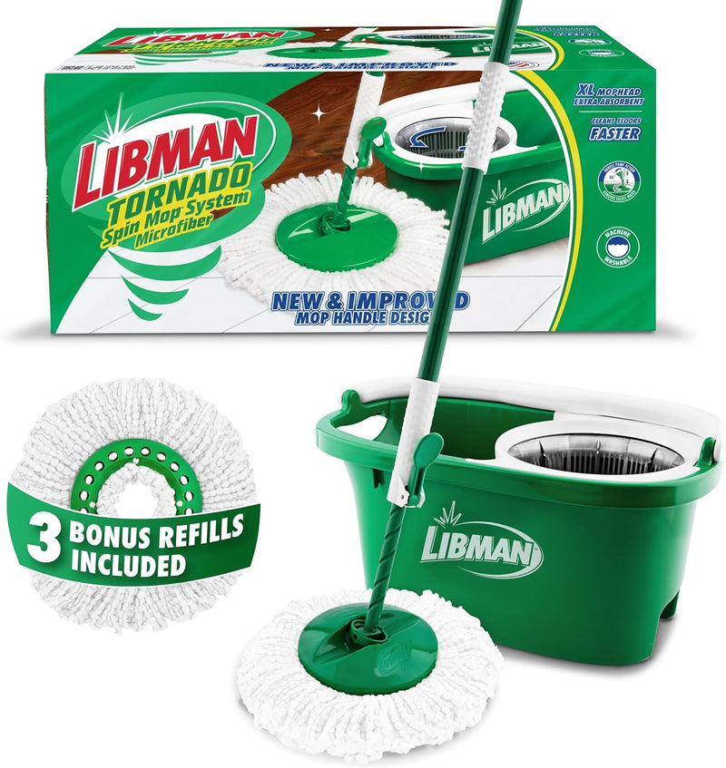 Libman Tornado Spin Mop System, Spinning Floor Mopping and Bucket with Wringer Set for Home, Hardwood, Laminate, Tile Cleaning, Includes 1 Machine Washable Replacement Head Refills (2 Total)