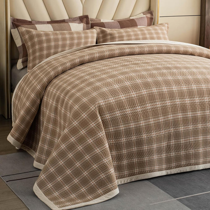 Cotton Plaid Quilt Set, Ultra Soft 3 Pieces Queen Size Bedding with 2 Pillow Shams, Lightweight Reversible Coverlet Bedspread with Wave Quilting for Summer, 90"x96", Grid-Beige Blue
