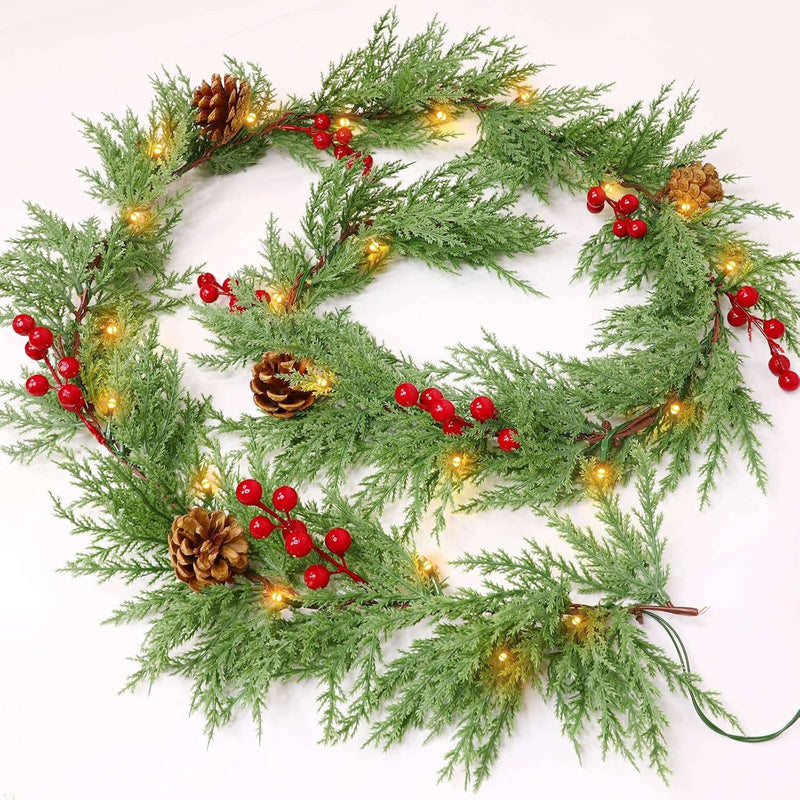 Prelit & Timer - 6 Ft Real Touch Christmas Cedar Garland with Lights, Lighted Christmas Garland for mantle Table Holiday, Soft Greenery Pine Cypress Garlands Pinecone Berry Battery Operated Xmas Decor