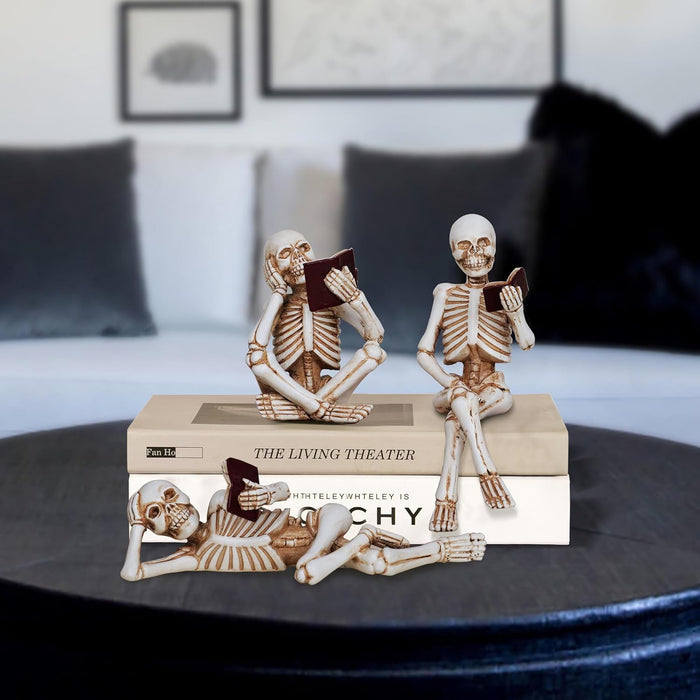 3 Pieces Halloween Skeleton Statue Halloween Skull Figurine Home Decor Reading Skeleton Figurines Decorations for Indoor Fireplace Home Kitchen Desk Office Party
