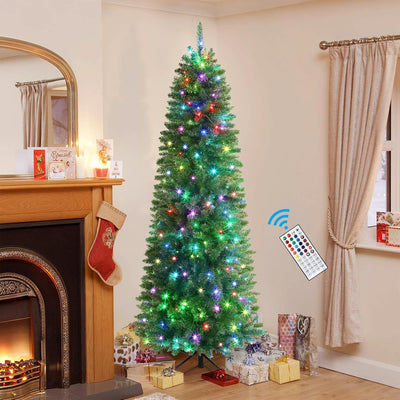 Shareconn RGB 7ft Prelit Artificial Christmas Tree with Remote Control, Multi-Color LED Changing RGB Lights, Perfect Choice Decoration for Xmas Holiday 7.5 FT Pre-Lit Pencil Tree, Green