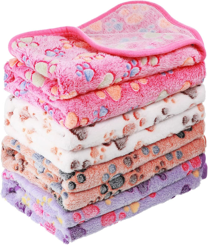 Tatuo 4 Pcs Dog Blanket for Pet Puppy Teething Toys Paw Print Fleece Blanket for Pet Cat Soft Warm Sleep Mat Guinea Pig Cage Mat(Small(24 x 16 Inch),White, Coffee, Pink, Purple)