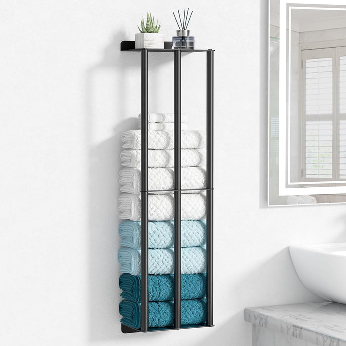 Towel Racks for Bathroom 31 Inch - Wall Mounted, Solid 2 Metal Shelves and 3 Vertical Bars, Can Holds 6 Large Rolled Bath Towels - for Modern Decor Bathroom Towel Storage (Matte Black)