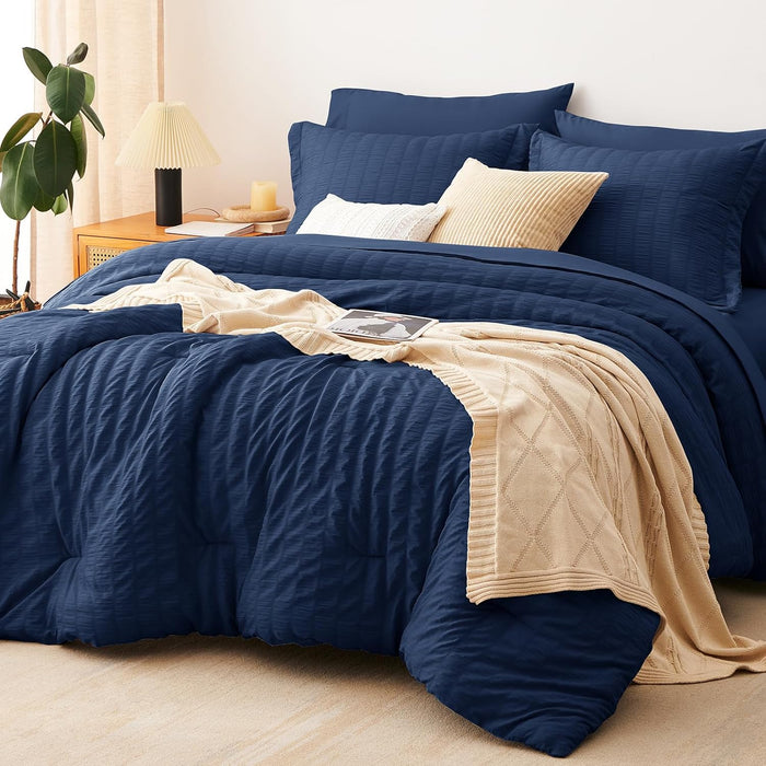 CozyLux Queen Comforter Set Dark Grey Seersucker 7 Pieces Bed in a Bag Queen Comforter Set with Sheets, Luxury Soft Bedding Set with Down Alternative Comforter, Sheets, Pillowcases & Shams All Seasons
