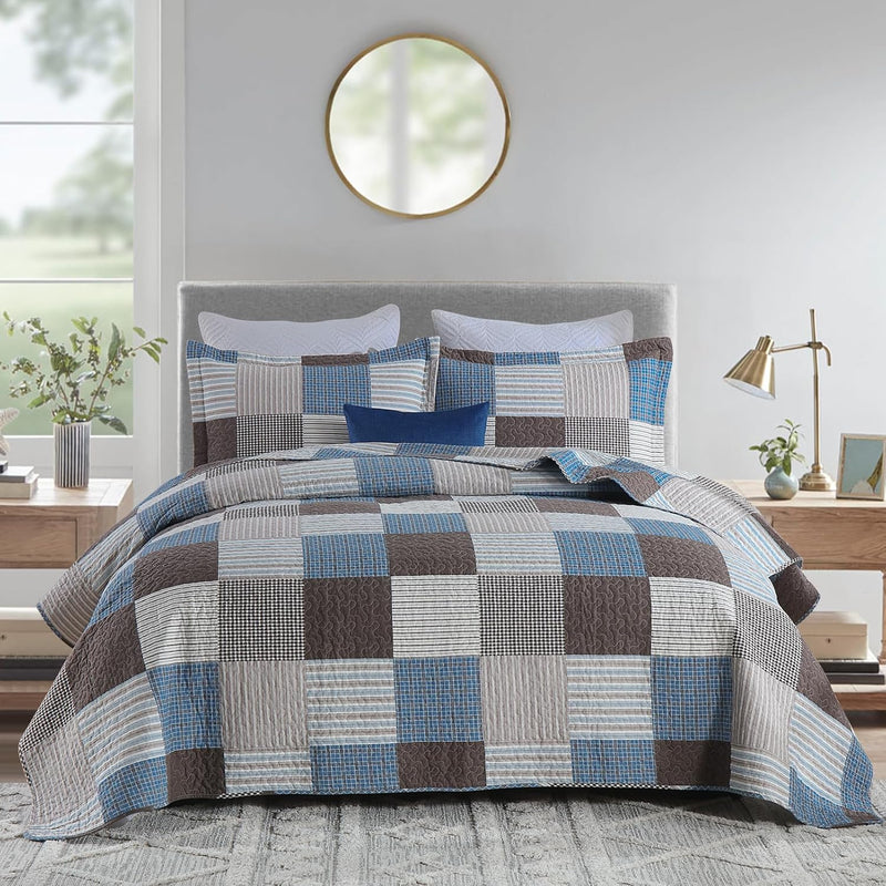 Finlonte Quilts Queen Size - 100% Cotton Queen Comforter Set Green Moonbeam White Plaid Farmhouse Quilt Bedding Set, Reversible Lightweight Soft Bedspread, Quilted Coverlet All-Season, 3-Piece
