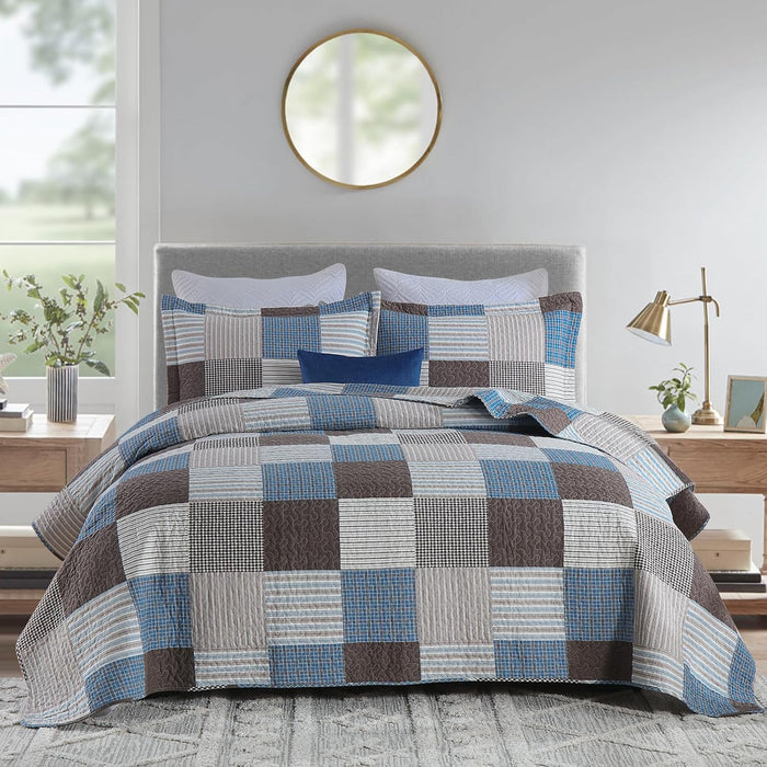 Finlonte Quilts Queen Size - 100% Cotton Queen Comforter Set Green Moonbeam White Plaid Farmhouse Quilt Bedding Set, Reversible Lightweight Soft Bedspread, Quilted Coverlet All-Season, 3-Piece